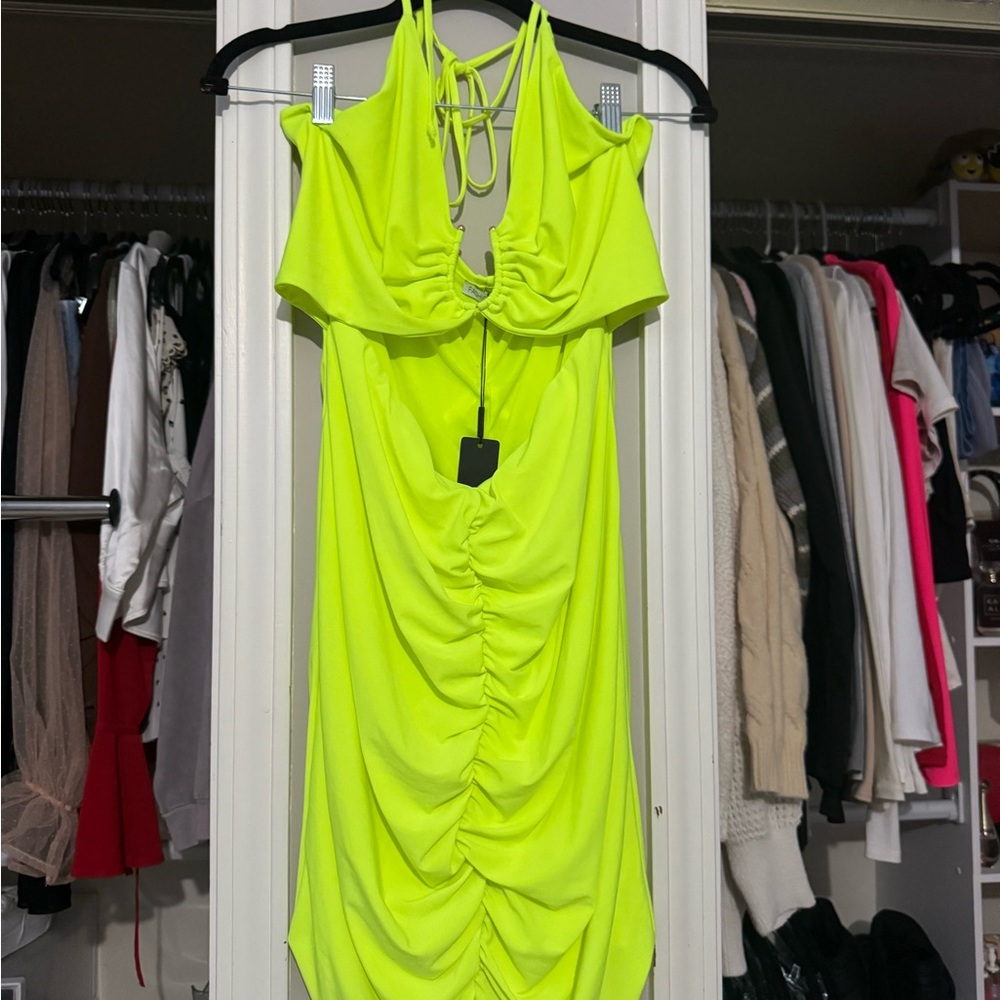 Fashion Nova Yellow Ruched Halter Bodycon Dress